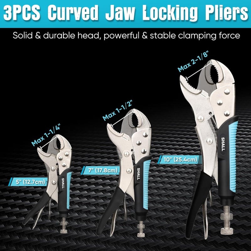 SHALL 6-Piece Locking Pliers, Vice Grips Pliers Set, 5",7" & 10" Curved Jaw Locking Pliers, 6-1/2" & 9-1/2 Long Nose Locking Pliers, 6" Locking C-Clamp, Two-Color TPR Handle, Roll Up Pouch Included - Image 3